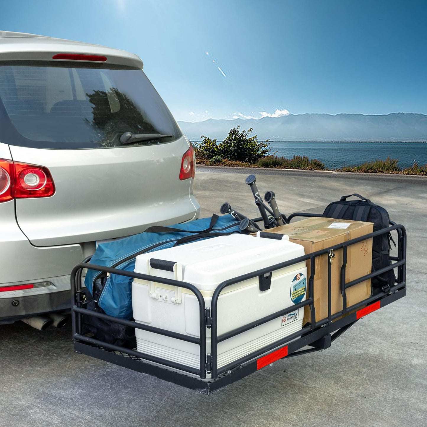 Season Guard Hitch Cargo Carrier with High Side Rails, 60"x24"x14" Folding Basket Rack, Heavy Duty Luggage Platform Fits 2" Receiver for SUV, RV, Truck, Cargo Net, Strapes, Waterproof Bag Included