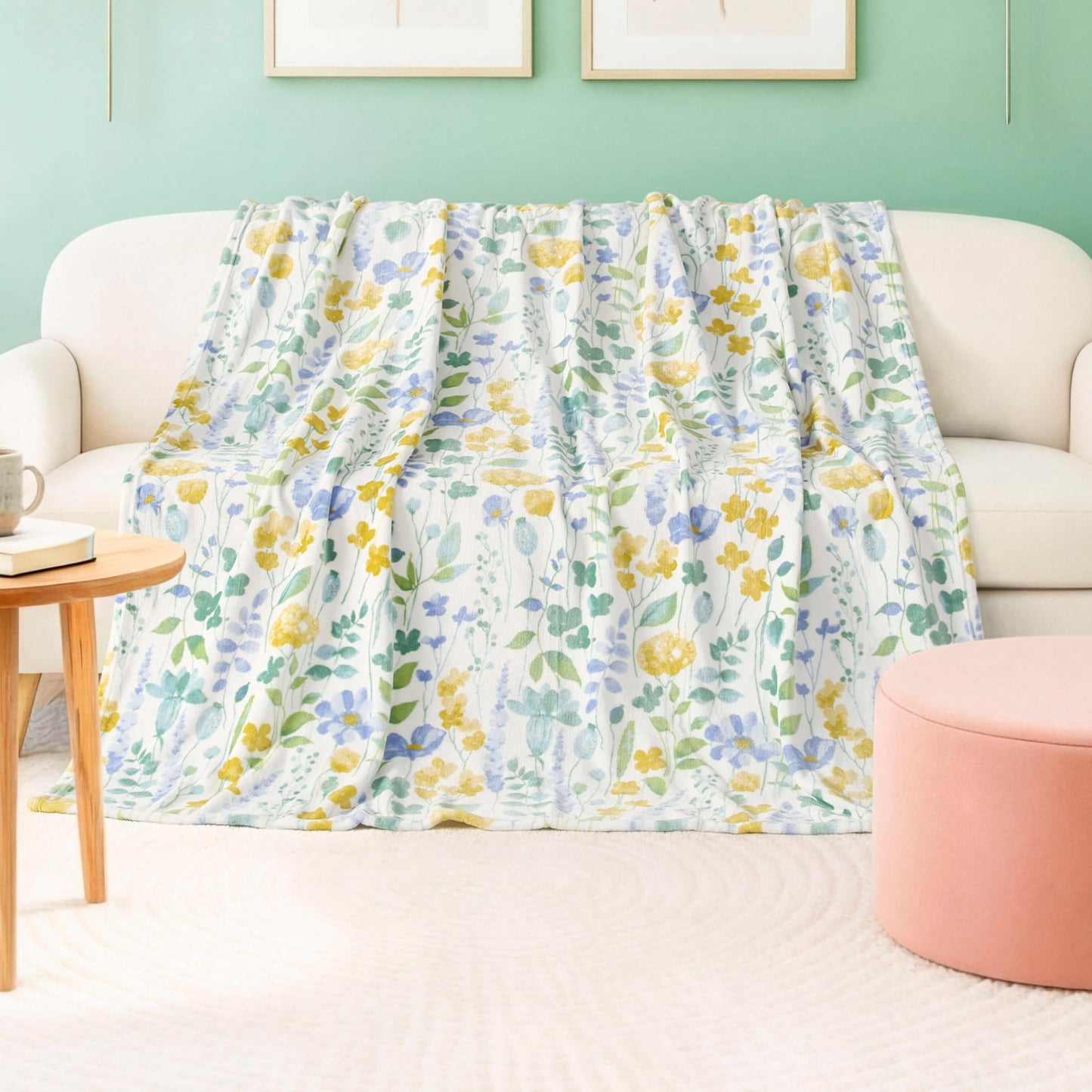 Creative Home Ideas Oversized Plush Throw Blanket 60" x 70", Talia Floral Chambray Blue