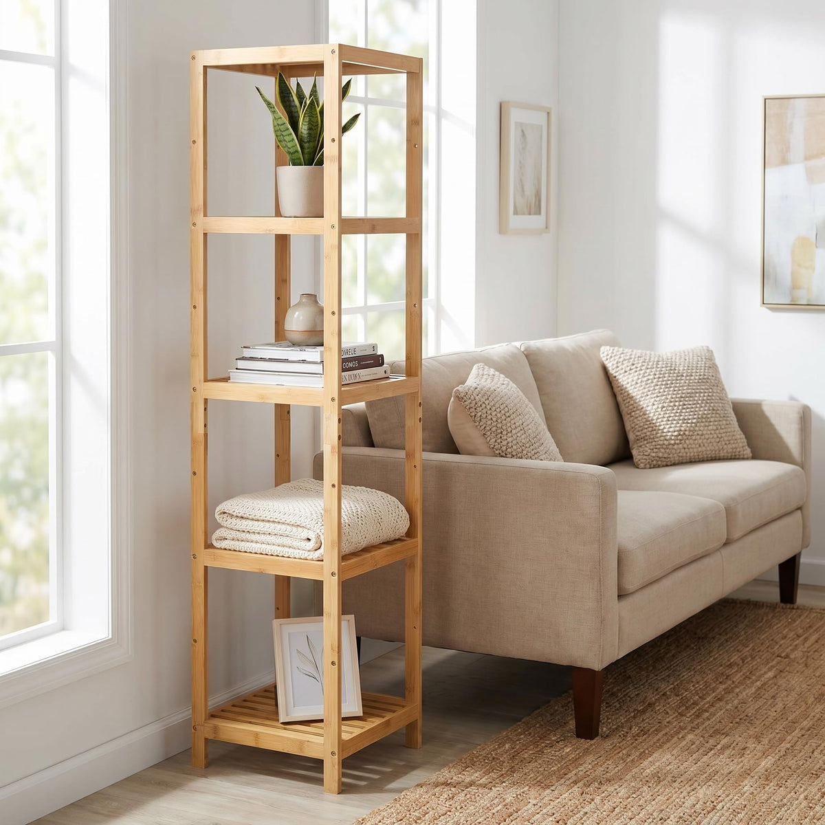 Bam & Boo - 5-Tier Multipurpose Square Shelf Modern Natural Bamboo - for Living Room, Bedroom, Office, Kitchen, Pantry(55” x 13.4” x 13.4”)