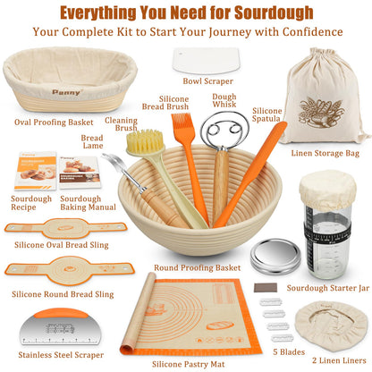 Panny Sourdough Starter Kit, Banneton Bread Proofing Basket with Glass Sour Dough Starter Jar, Sourdough Bread Baking Supplies, Making Tools, 9" Round & 10" Oval Baskets, Complete Gift for Men Women
