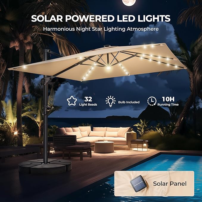 HOMSHADE 10 ft Square Cantilever Patio Umbrella with Base Included, Solar Lights Large Umbrella Outdoor Patio with 360°Rotation&Tilting, LED Lighted Offset Umbrellas w/Stand for Pool Deck