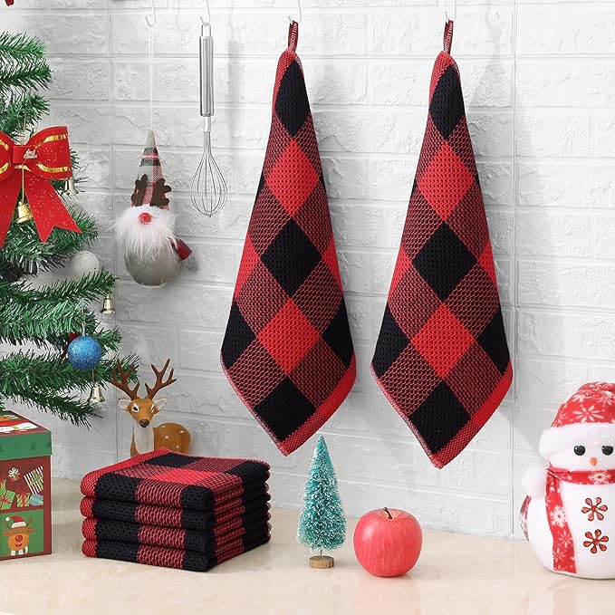 Homaxy 100% Cotton Waffle Weave Check Plaid Dish Cloths, 12 x 12 Inches