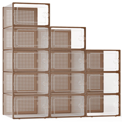 Kuject X-Large Shoe Storage Boxes Organizers for Closet 12 Pack, Fit Size 11,Clear Plastic Stackable Sneaker Containers for Entryway, Space Saving Shoe Rack, Brown