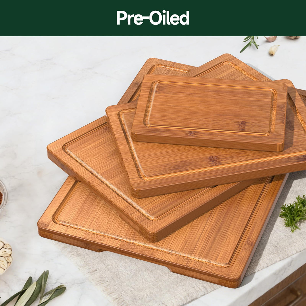 Zeawec 4-Piece Set Deep-Carbonized Bamboo Cutting Board for Kitchen - Crack-Resistant Wood Chopping Boards with Deep Juice Grooves, Pre-Oiled Butcher Block for Meat, Vegetables & Cheese, Carbonized