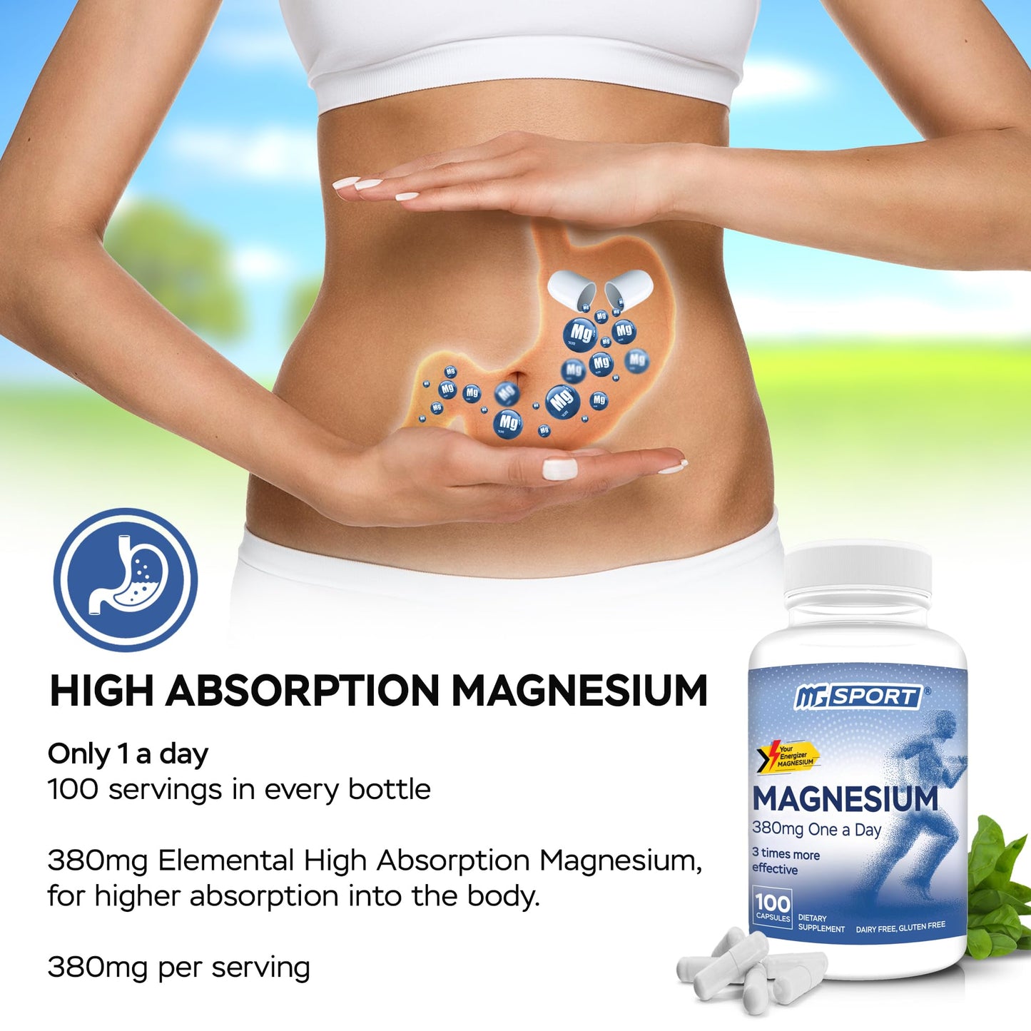 Magnesium Supplement Complex MGSPORT - High Absorption with Vitamins B6, D, E - Relieves Leg Cramps, Muscle Support & tensed Muscles 100 Servings