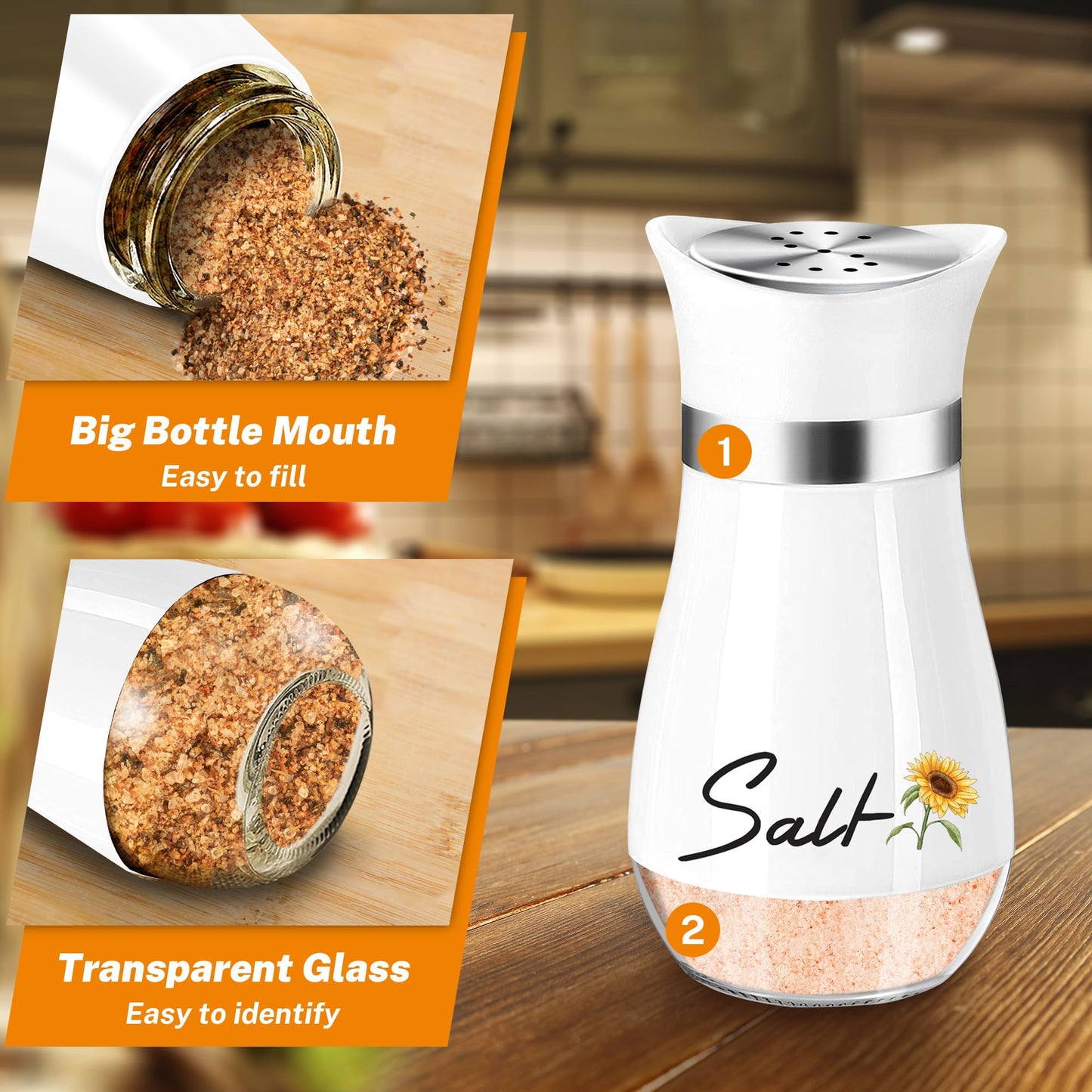 Sunflower Salt and Pepper Shakers Set - 4oz Farmhouse Kitchen Gadget and Accessories Sunflower Gifts for Decor Cooking Table,Housewarming,Thanksgiving,Christmas (Black + White)