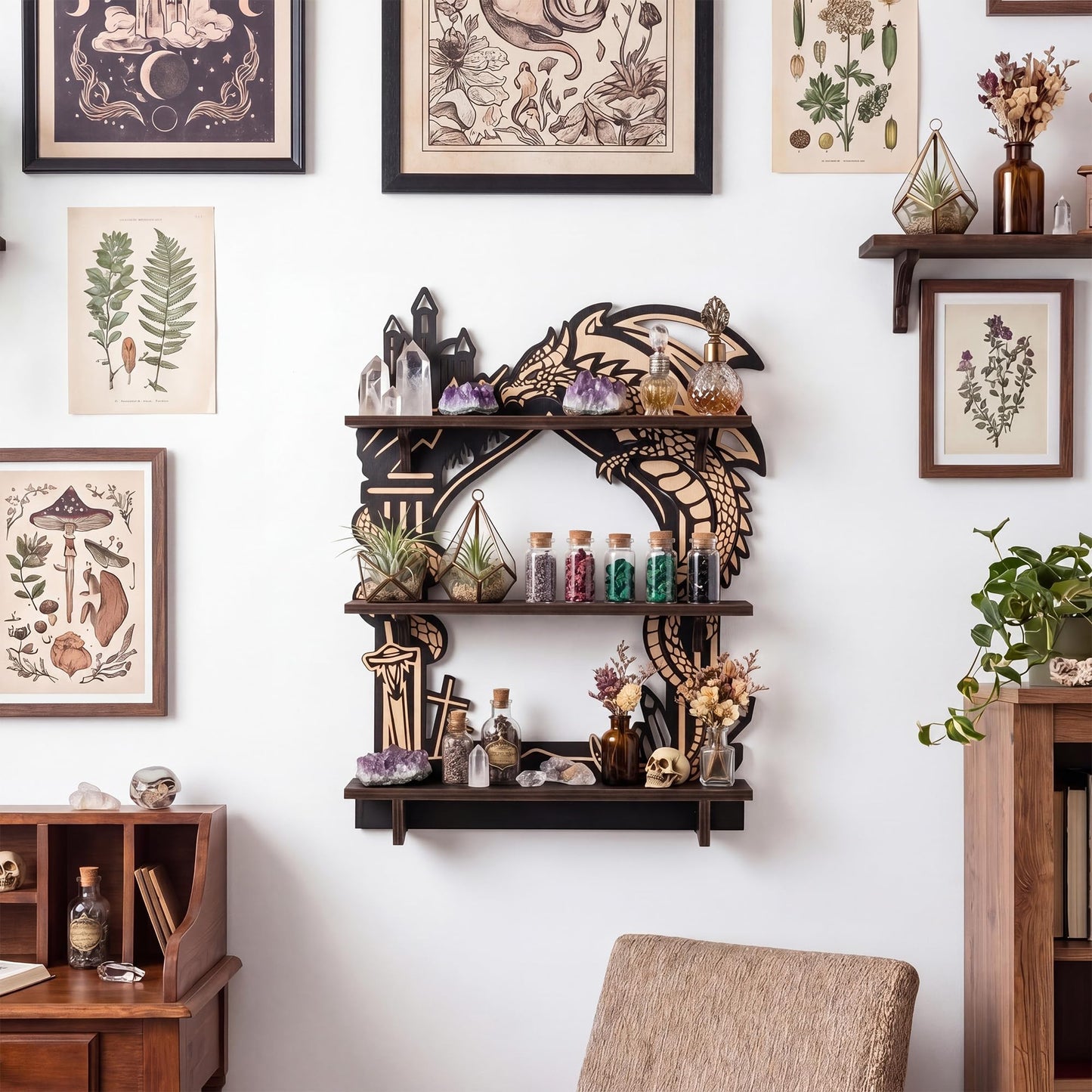 FNYDOX Wooden Dragon Shelf, Gothic Trinket & Knick Knack Shelves, Witchy Fantasy Dragon Decor with LED Light, Floating Shelf for Crystals Rocks Gems Healing Stones Display, Essential Oil Wall Shelf