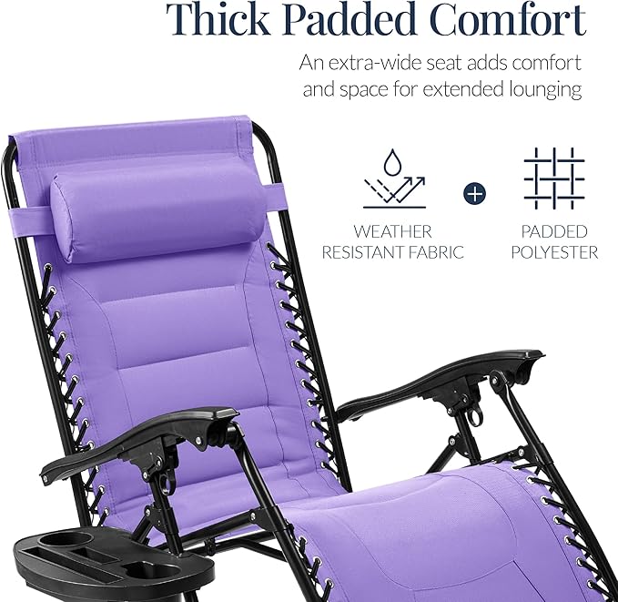 Best Choice Products Oversized Padded Zero Gravity Chair, Folding Outdoor Patio Recliner, XL Anti Gravity Lounger for Backyard w/Headrest, Cup Holder, Side Tray, Polyester Mesh - Violet