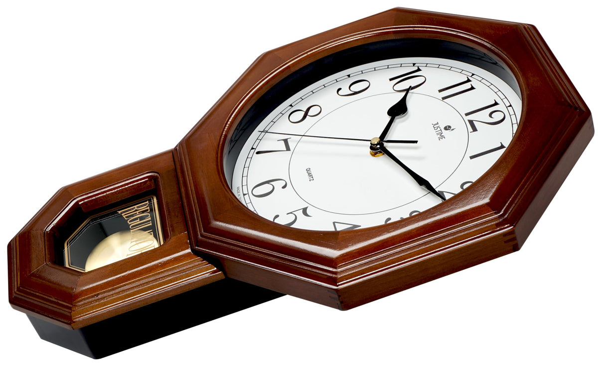 JUSTIME Traditional Schoolhouse Solid Wood Pendulum Wall Clock Chimes Hourly with Westminster Melody Chime Made in Taiwan (Dark Wood w/Westminster Chime)