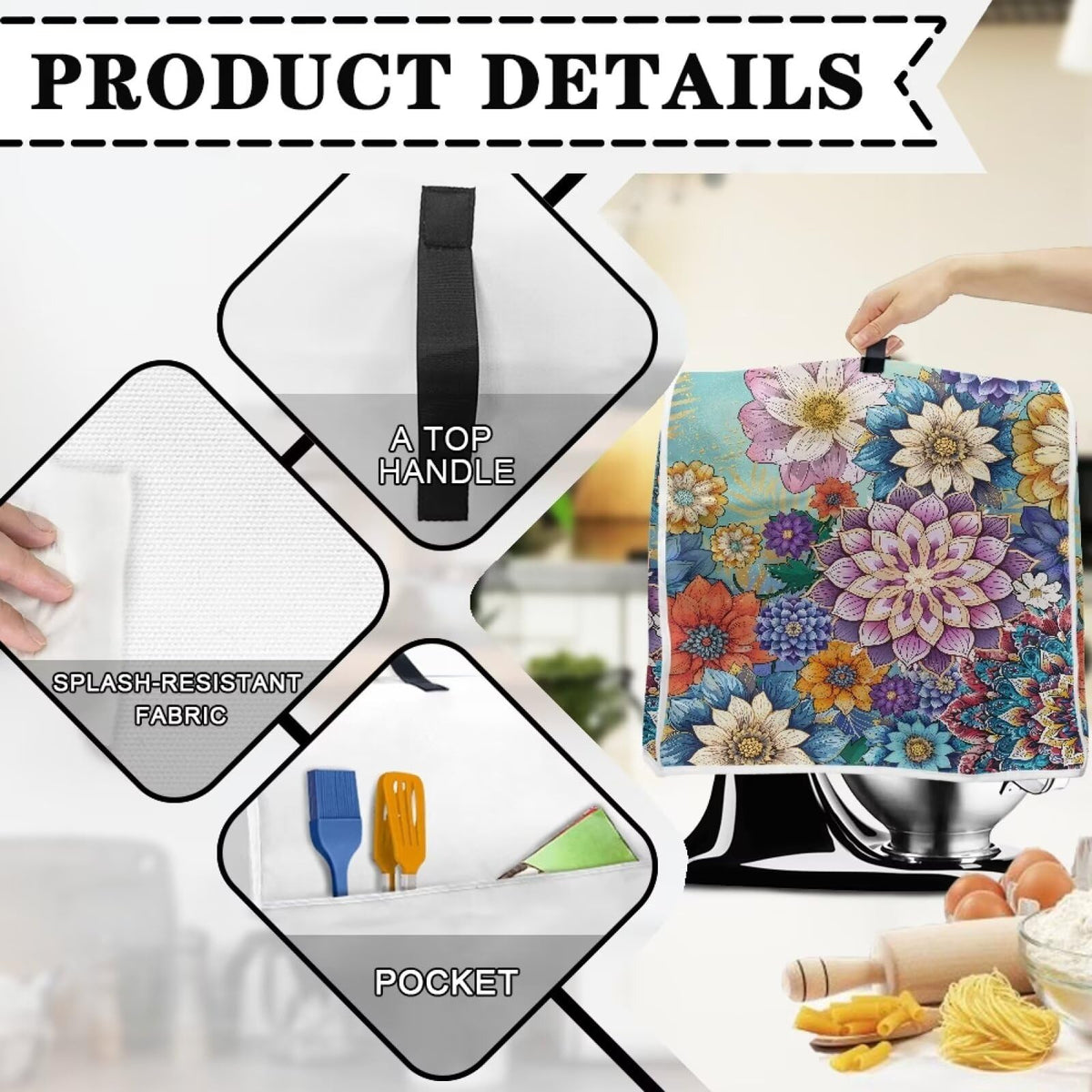HUISEFOR Kitchen Stand Mixer Covers Boho Mandala Flower Mixer Cover Dust Cover Washable Kitchen Appliance Cover for 4.5-5 Quart Mixers, Keep Your Kitchen Clean
