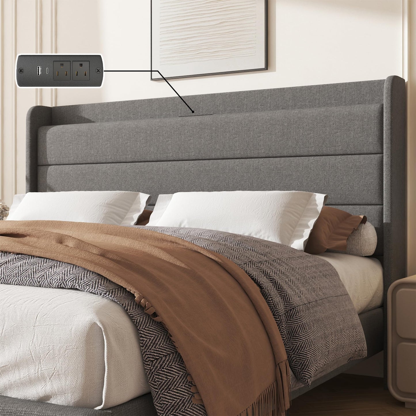 Lcwtvgxr Queen Size Linen Multifunctional Bed Frame, Wingback Headboard with Charging Station & Storage Shelf, Upholstered Platform Bed, Noise Free, No Box Spring Needed, Easy Assembly, Grey