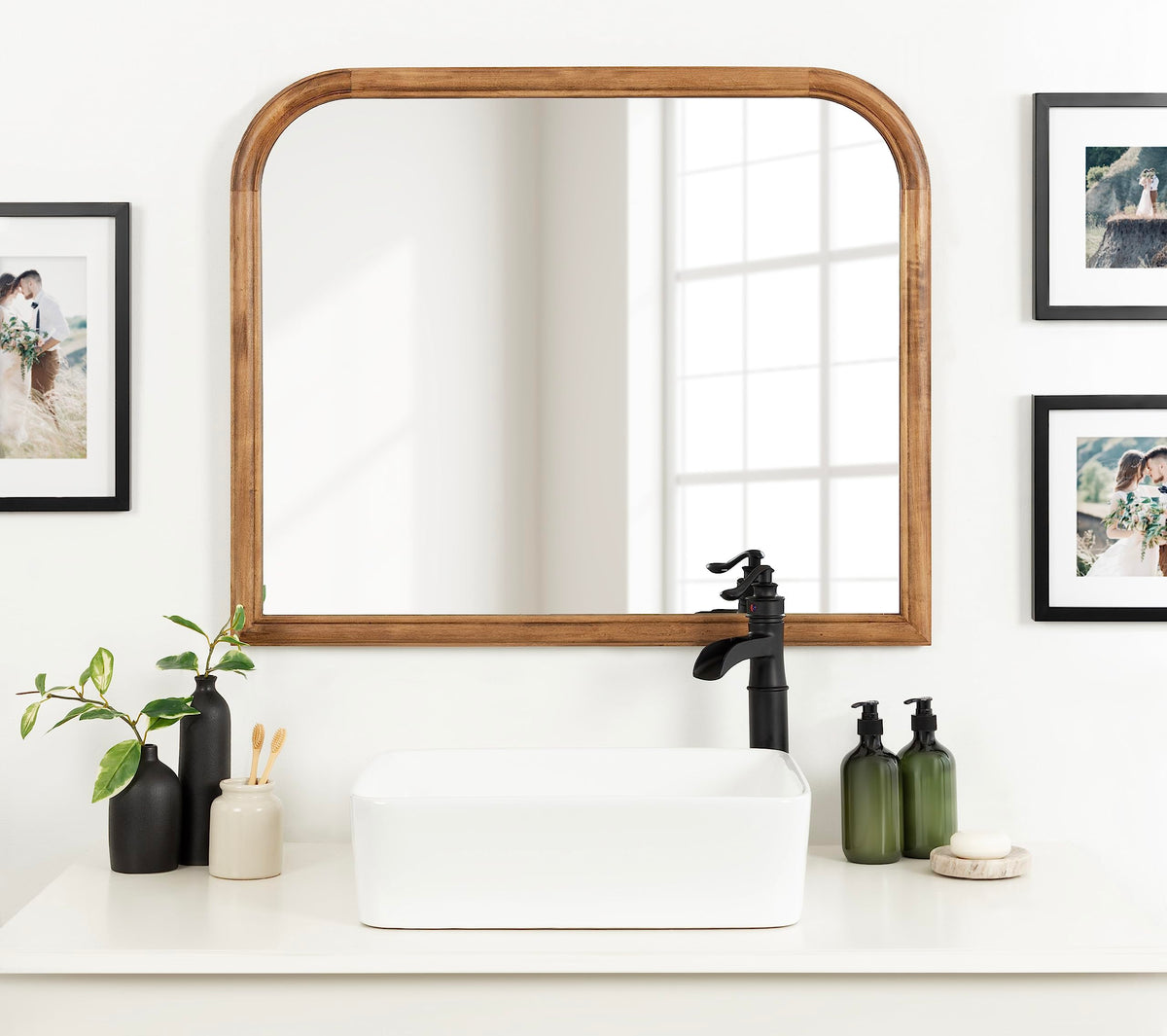 Kate and Laurel Glenby Transitional Wide Arch Wall Mirror, 34 x 28, Rustic Brown, Wooden Farmhouse Arched Bathroom Mirror with Rounded and Stepped Frame Profile
