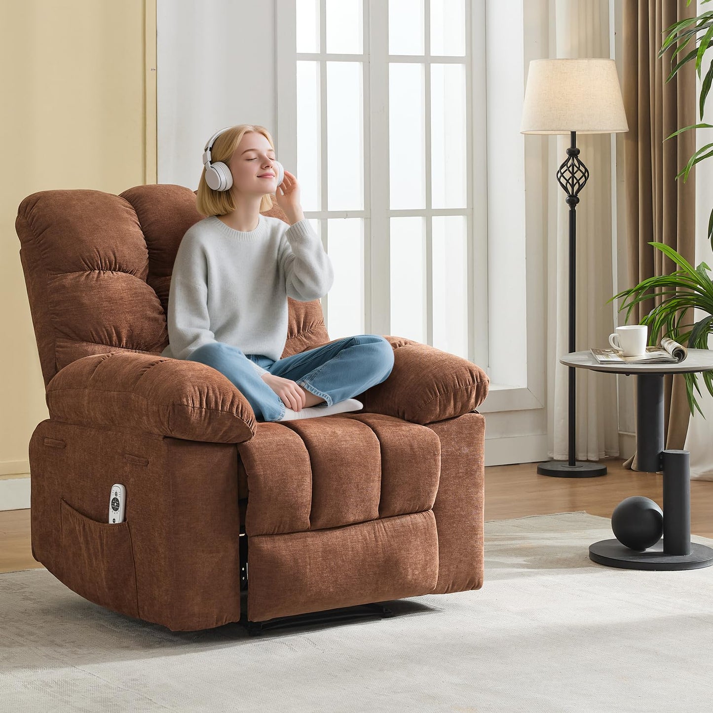 GAOMON Oversized Recliner Rocking Chair - Wide Overstuffed Recliner with Massage & Heat, Lumbar Support, Side Pockets, Remote Control, Upholstery Soft Sofa Chair for Living Room, Bedroom - Dark Brown