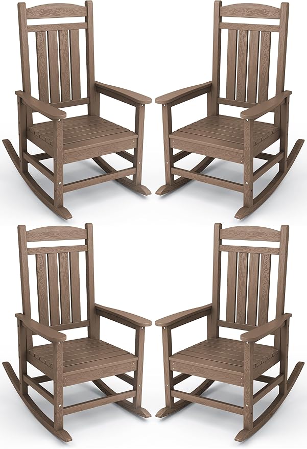 KINGYES HDPE Outdoor Rocking Chair Set of 4, All-Weather Poly Patio Rocking Chairs with 330lbs Support for Adults, Brown