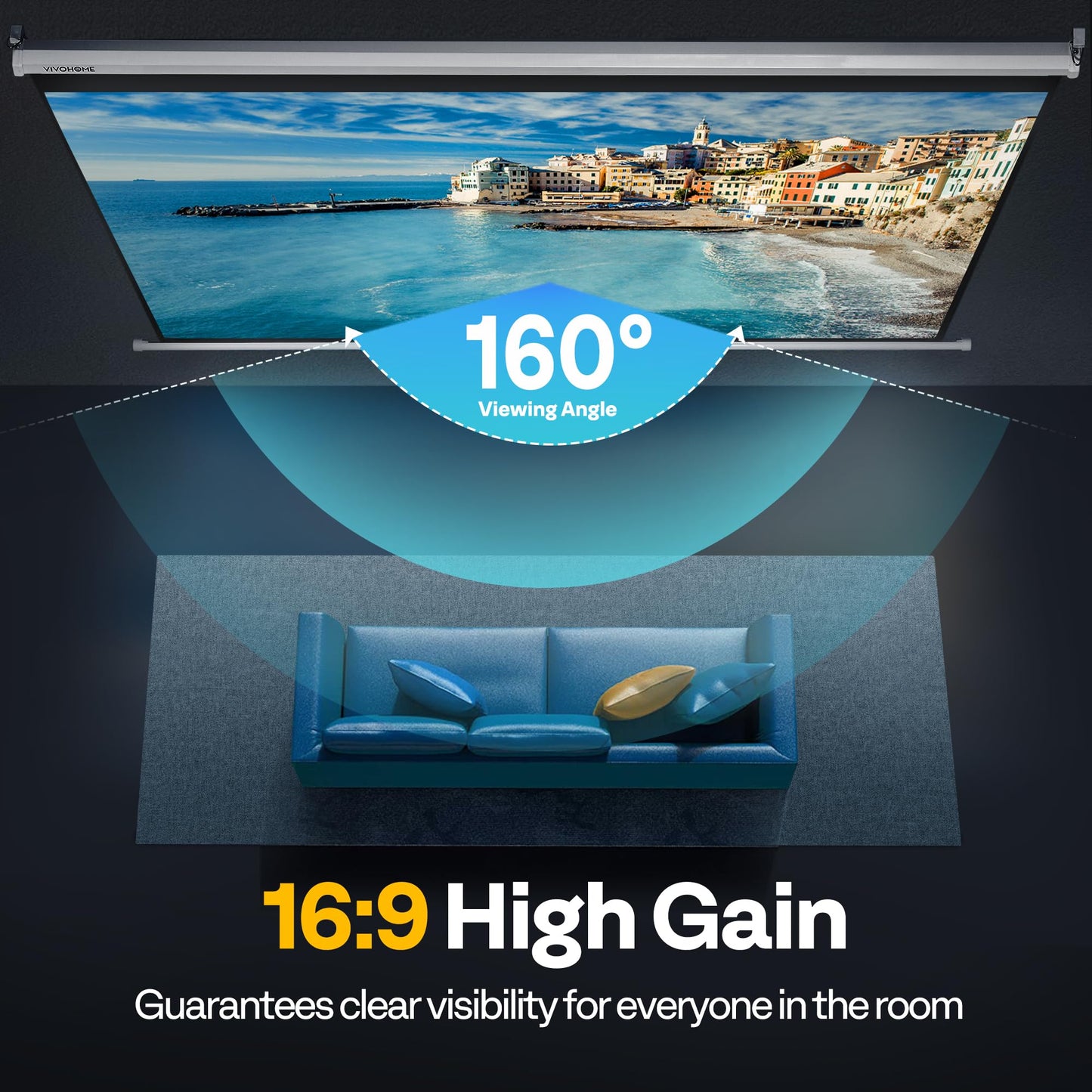 VIVOHOME Projector Screen Pull Down, 16:9 100 Inch Retractable Projection Screen, HD 4K Manual Pull Movie Screen for Home Theater, Cinema, Office (87x49 Inch White)