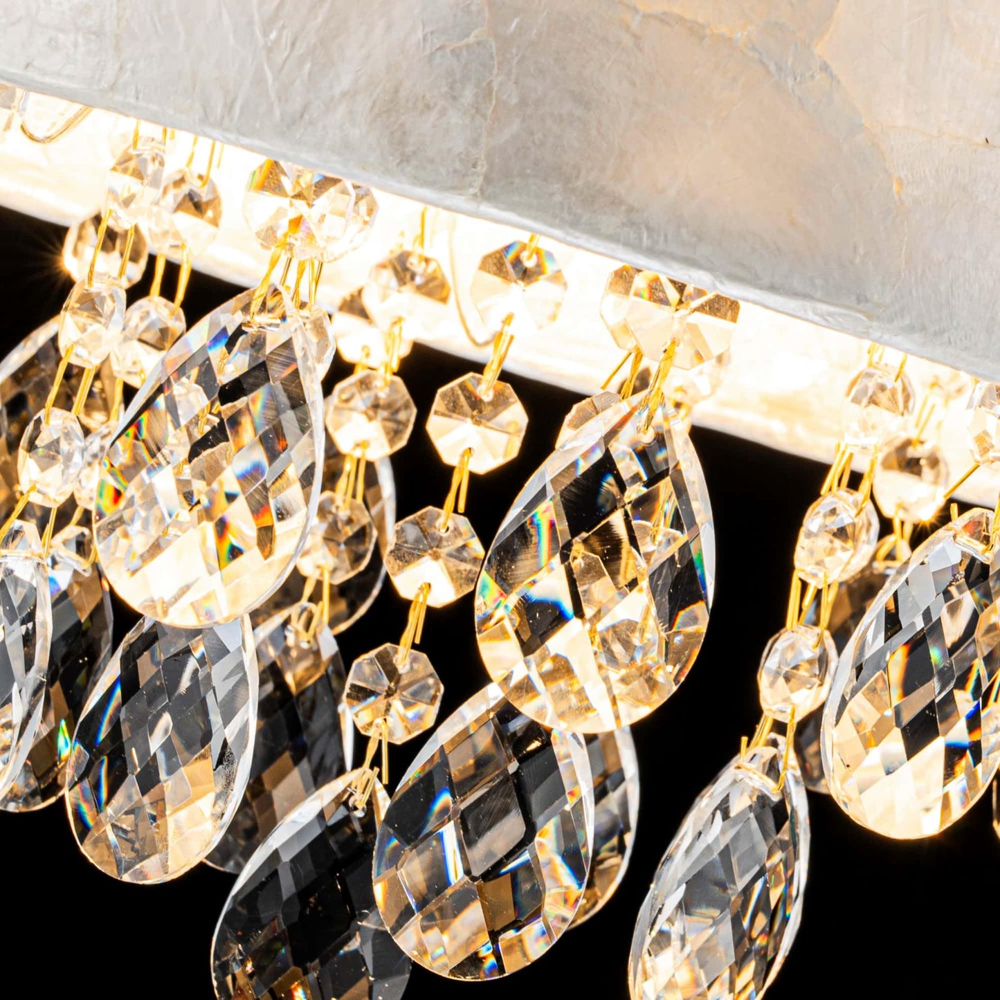 LumFurn D12in Drum Capiz Shell Crystal Ceiling Light, 3-Light Coastal Style Semi-Flushmount Light Fixture for Hallway, Entryway & Bedroom, K9 Crystal & Shell Lampshade & Gold Finish Frame