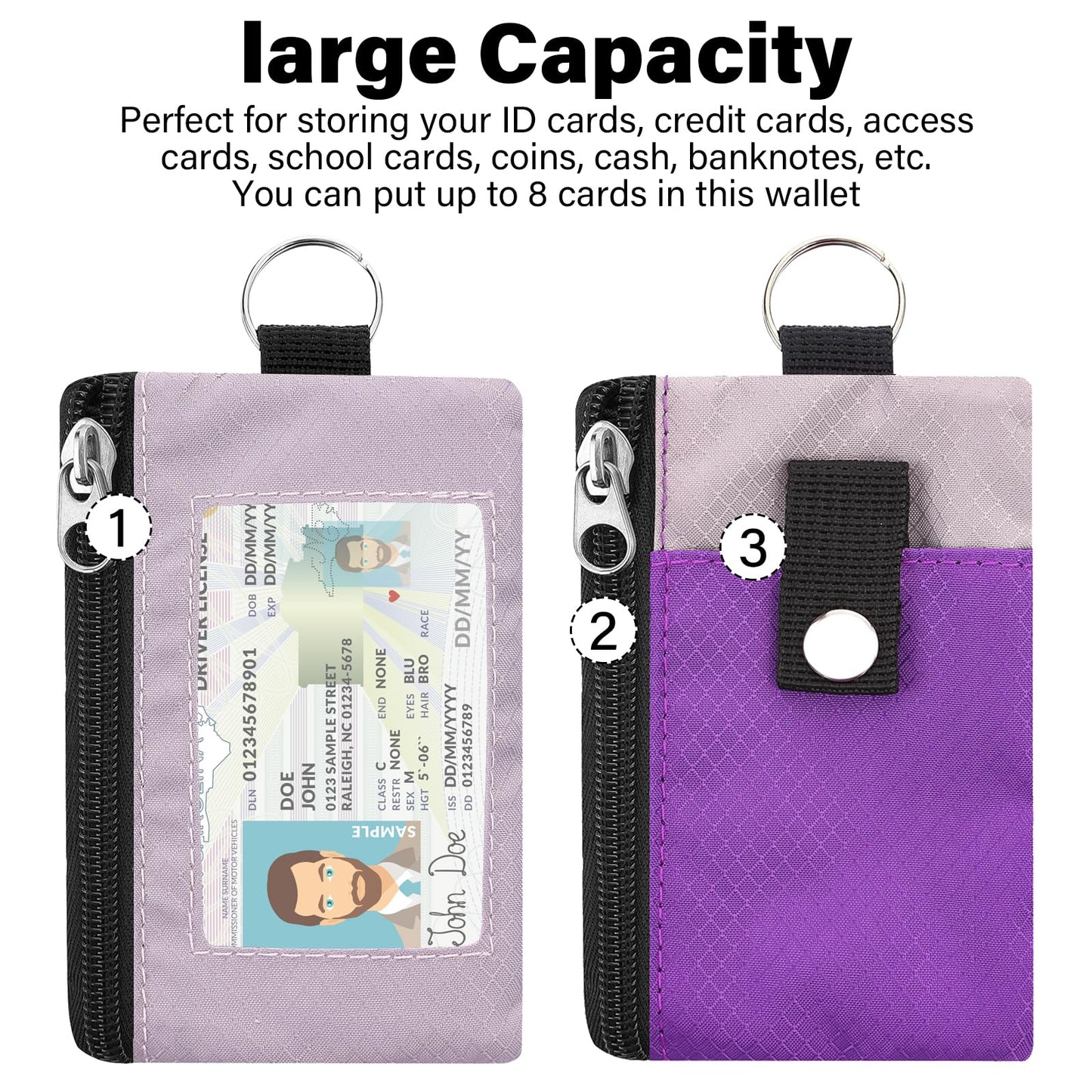 ZHOMA Minimalist RFID Blocking Wallet with Lanyard, Functional ID Case with 2 Zipper Pockets and Key Chain for Men and Women, Tactical Badge Pouch Cards Holder, Coin Purse for Travel Sports-Purple