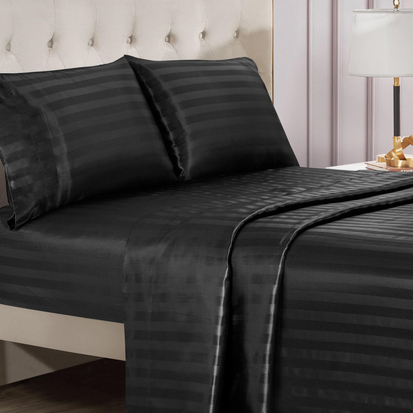 Juicy Couture Silky Satin Damask Sheet Set - Luxury Black Bedding - Smooth Striped Sheets - Full Size