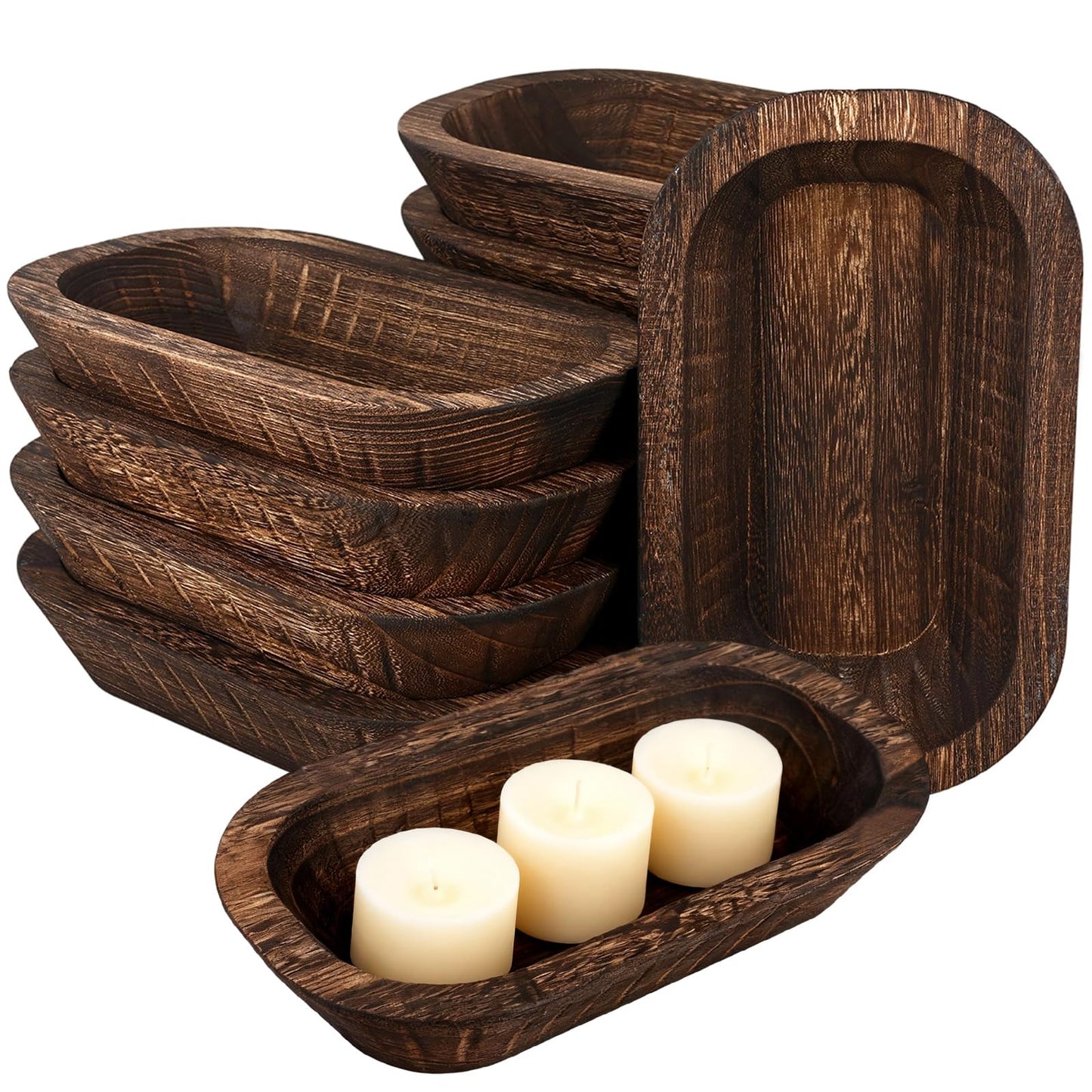 ONESIXEC 10 Pack Wood Decorative Bowls Long Heavy Handmade Carved Key Bowl for Entryway Table Home Decor Rustic Boho Decor Bowls for Candle Making Potpourri Catch (9.4" x 5.5" x 1.7")