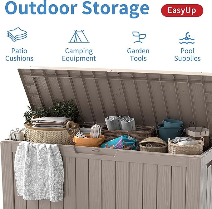 EasyUp 85 Gallon Outdoor Storage Box, Resin Waterproof UV-Resistant Deck Box, Reinforced Stability for Patio, Garden, and Poolside, Striped Gray