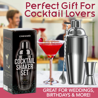 Cresimo 24oz Cocktail Shaker Set with Bar Accessories for Home Bar - Martini Shaker with Jigger and Drink Mixer Spoon - Alcohol Bartender Gift - Bartending Kit Essential for Home