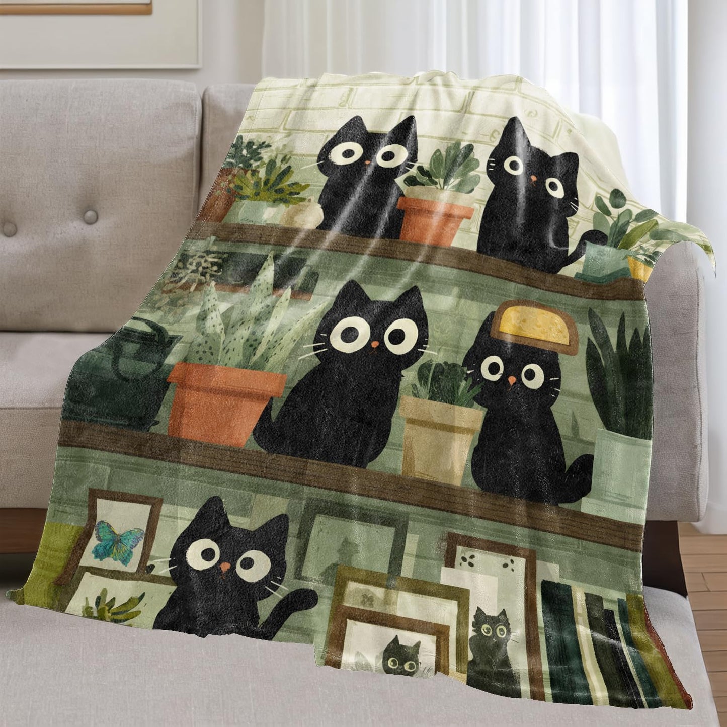olpddz Black Cat Flannel Blanket Gifts for Pet Lover,60x50inch,Funny Cartoon Kitten Throw Blankets with Plant and Book on The Shelf,for Bedroom,Sofa,Living Room,Camping Home Decor Throws