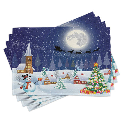 Ambesonne Christmas Place Mats Set of 4, Winter Season Snowman Xmas Tree Santa Sleigh Moon Present Boxes Snow and Stars, Washable Fabric Placemats for Dining Table, Standard Size, White Blue