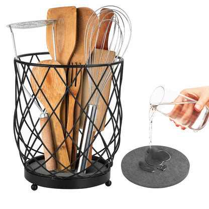 MACEVIA Utensil Holder for Kitchen Counter, Large Black Metal Organizer with Diatomaceous Earth Base, 6.3" x 5" x 7.5", Countertop Storage for Spoons, Spatulas and Cooking Utensils