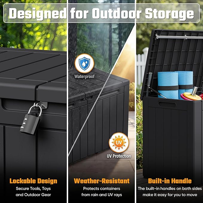Greesum 110 Gallon Outdoor Storage Box with Lockable Lid, All-Weather Solution for Patio Furniture, Pool Supplies & Garden Tools, Waterproof, UV-Resistant Large Deck Box, Black