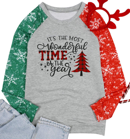 TAOHONG Merry Christmas Sweartshirt for Women Xmas Buffalo Plaid Tree Color Block Christmas Snowflake Print Long Sleeve Top T-Shirt Gray