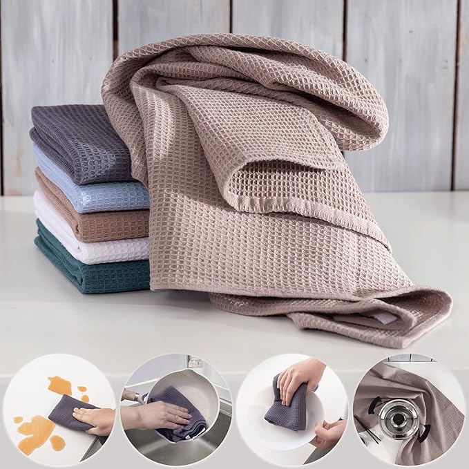 QUILTINA Dish Towels Set, 100% Cotton Waffle Weave Kitchen Towels 6 Pack