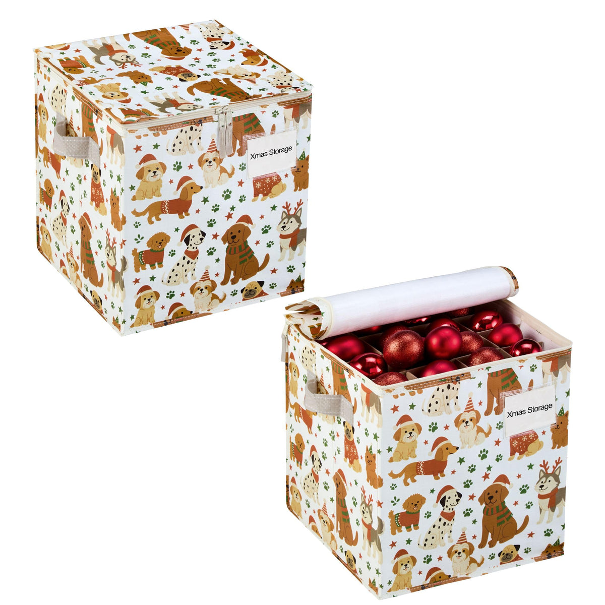 VENO 2 Pack Christmas Ornament Storage Box, Holiday Ornament Organizer with Adjustable Dividers, Sturdy Storage Containers for 64 Ornaments, Zippered Lid & Handles, 3" Cube (Holiday Pups)