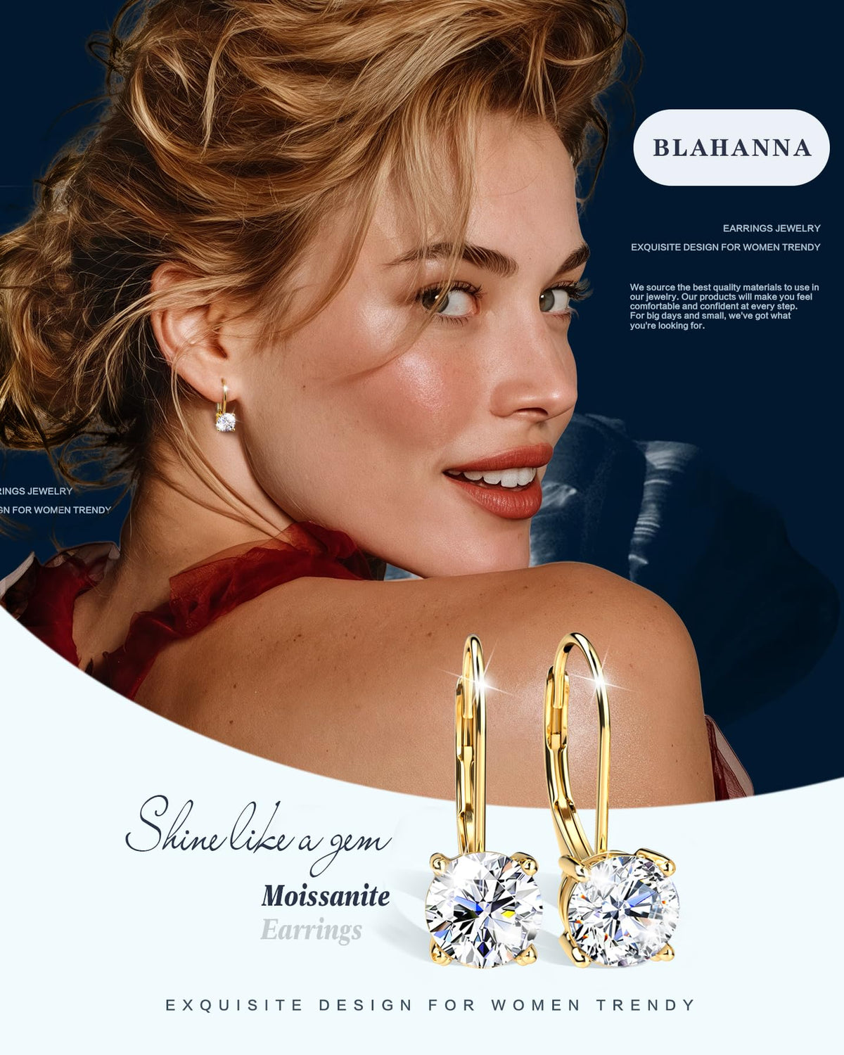 Blahanna Moissanite Earrings,1.0ct-2.0ct D Color Brilliant Round Cut Earrings S925 Sterling Silver Dangle Earrings Moissanite Leverback Drop Earring gold 6.5mm