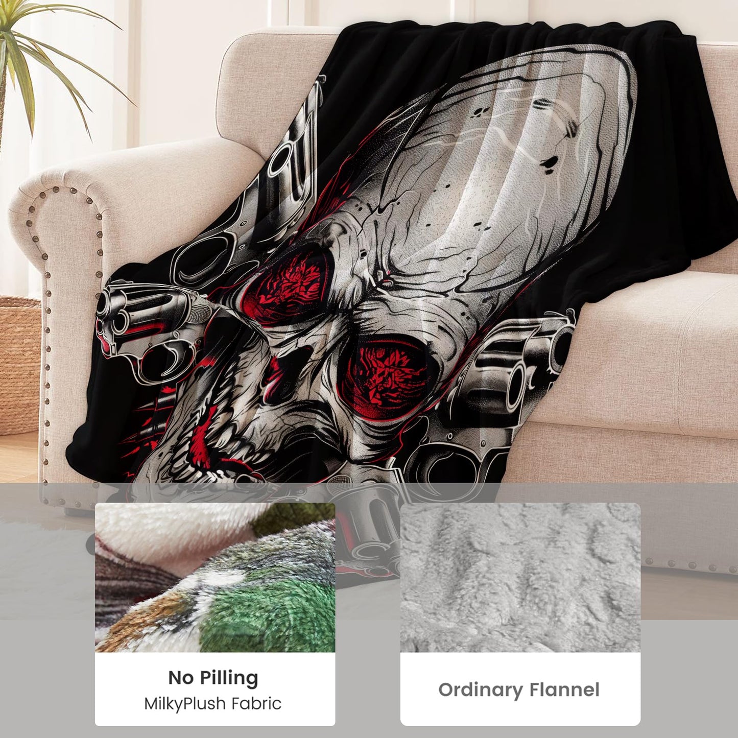cromcu Skull Blanket for Kids and Adults, Flannel Skeleton Throw Blankets with Black Background for Sofa Couch Bed Living Room Halloween Decor Gifts, Single-Sided Printing, 50x60 Inches