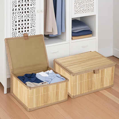 LOLYSIC Bamboo Storage Boxes with Lids, Set of 3 - Woven Decorative Baskets for Home, Kitchen, Shelf Organizer Wicker Lidded Basket, Handmade Storage Bin