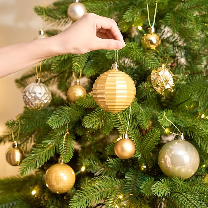 JORNOY Christmas Tree Ornaments Set, 47 Pack Assorted Shatterproof Hanging Balls Decorations, Plastic Bulbs Bulk with Lanyard for Home Holiday Party Decor, 3-Sizes (Gold)