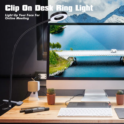LuxLumin LED Desk Lamp with Clamp for Video Conference Lighting, USB Light for Laptop Zoom Meeting, Clip on LED Ring Light for Computer Webcam Lighting Dimmable Black