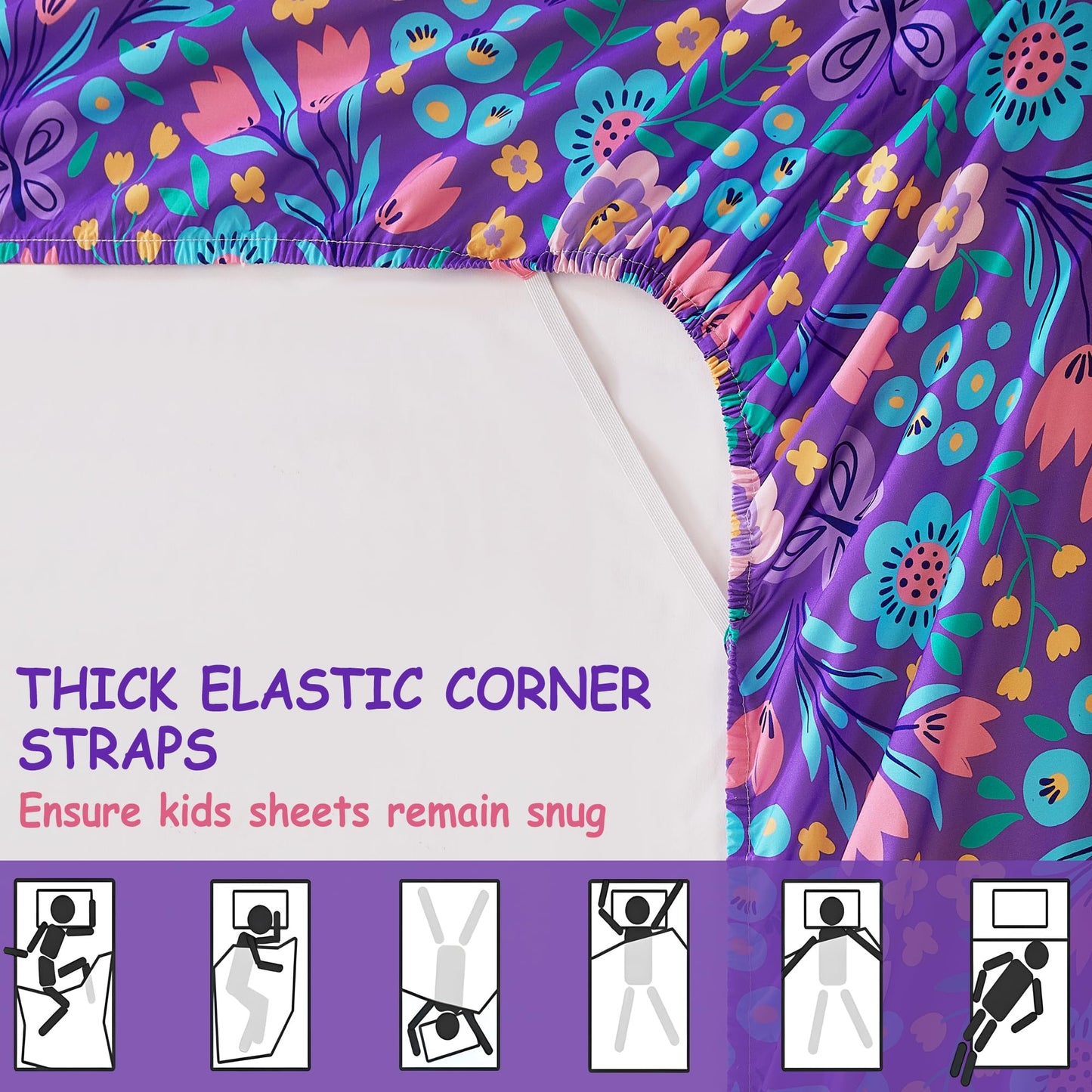 Softan Kids Bed Sheet Set, 3-Piece Twin Sheets Set, Microfiber Fitted Sheet with Corner Straps, Breathable & Silky Soft Purple Flower Butterfly Pattern Sheet and Pillowcase Sets