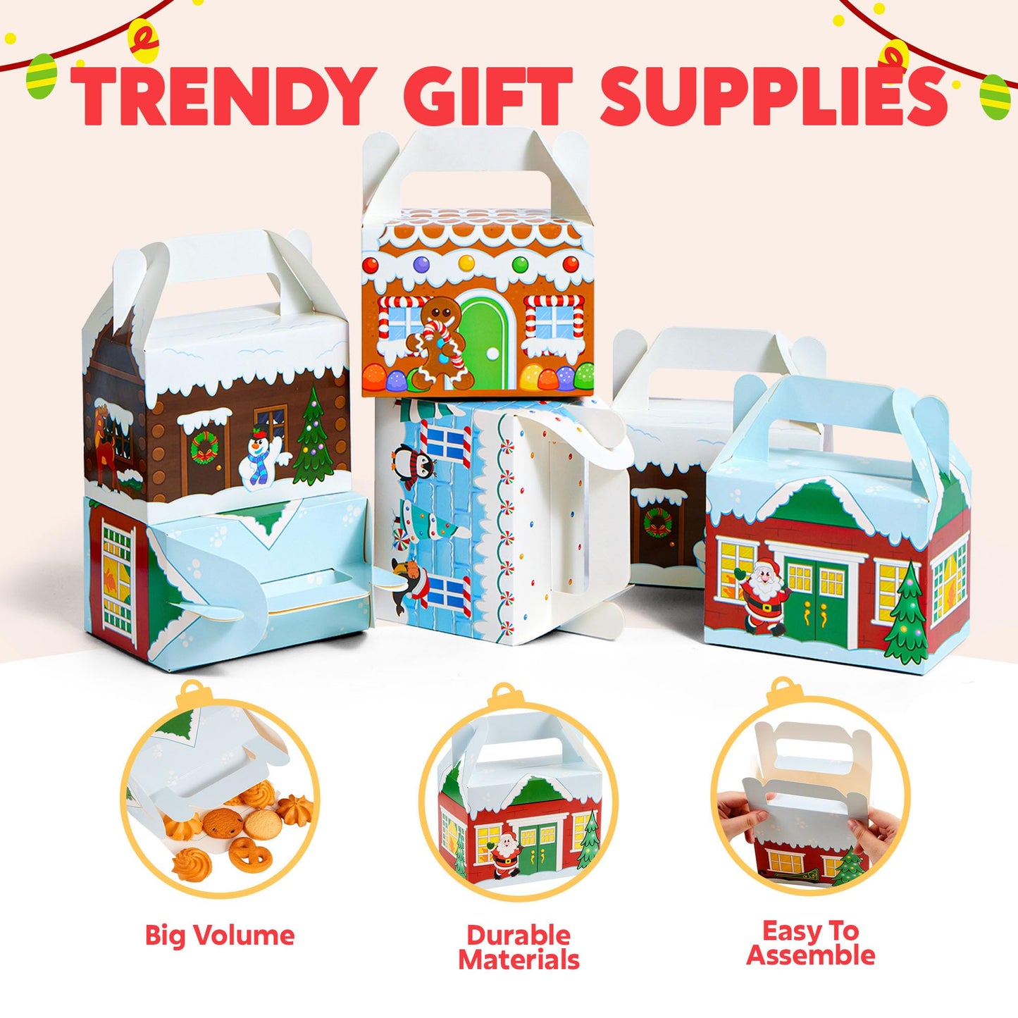 JOYIN 24 PCS 3D Christmas House Cardboard Treat Boxes for Holiday Xmas Goody Gift, Goodie Paper Boxes, School Classroom Party Favor Supplies, 4 Designs Candy Treat Cardboard Cookie Boxes