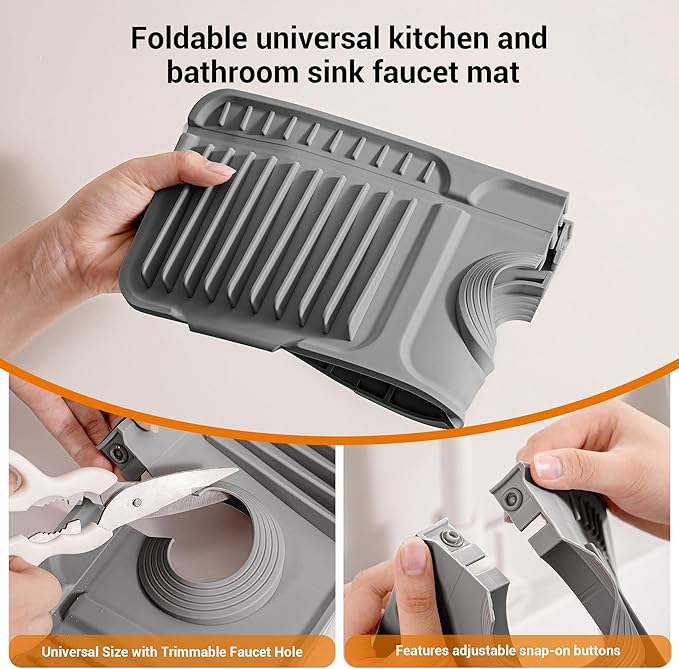 Faucet Mat for Kitchen Sink, Snap-On Design & 7°slope Fast Drain, Folding Sink