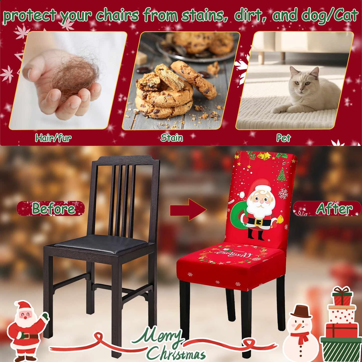 Fafua Christmas Chair Covers, Stretch Dining Room Chair Covers Set of 6, Christmas Decoration/Home Decor Chair Protector Slipcovers