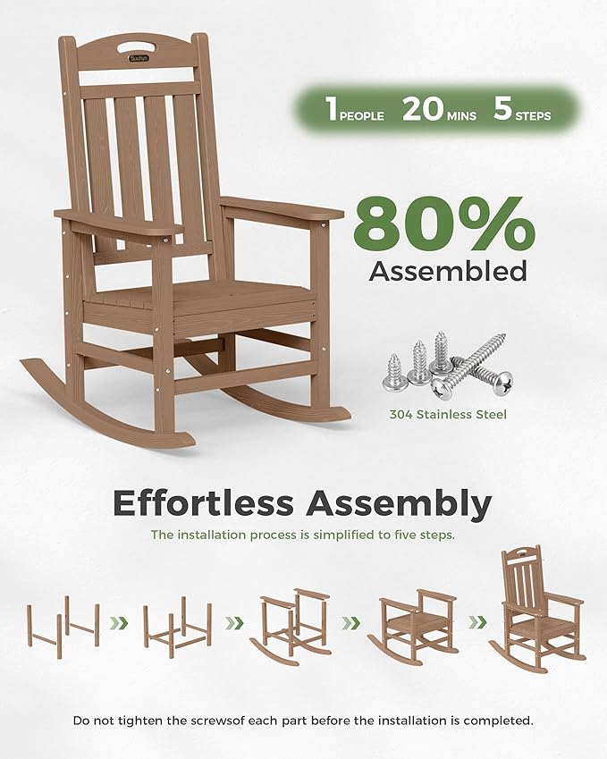 Oversized Outdoor Rocking Chairs Set of 4, High Back Porch Rocker Chair, HDPE All Weather Resistant Rocking Chairs for Patio,380lbs Weight Capacity, Teak