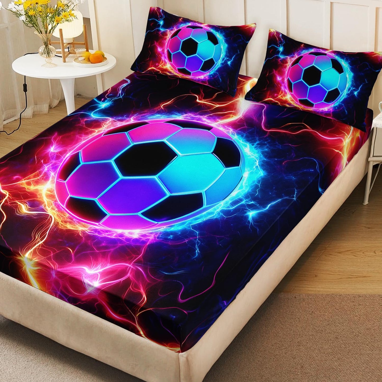 HOSIMA Soccer Fitted Sheet Full for Kids,Football Wrapped in Lightning Print Sports Bedding for Boys Room Decor,Neon Lightning Pattern Soccer Bedding,1 Fitted Sheet+2 Pillowcases.