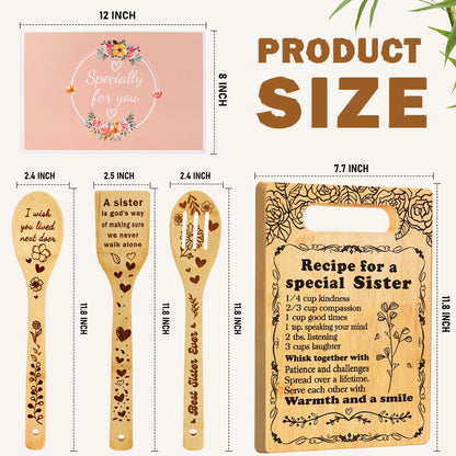Sister Birthday Gifts Cutting Board Set, Recipe for a Special Sister - Mothers Day Birthday Gifts for Sister from Sister Engraved Utensil Friendship Gift for Women Bestie Best Friend Soul Sister