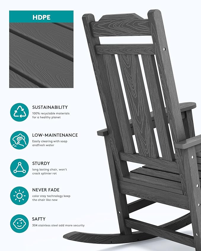 SERWALL Outdoor Rocking Chair Set of 6, Patio Rocking Chair Sets, HDPE Rocking Chair for Adults, Gray