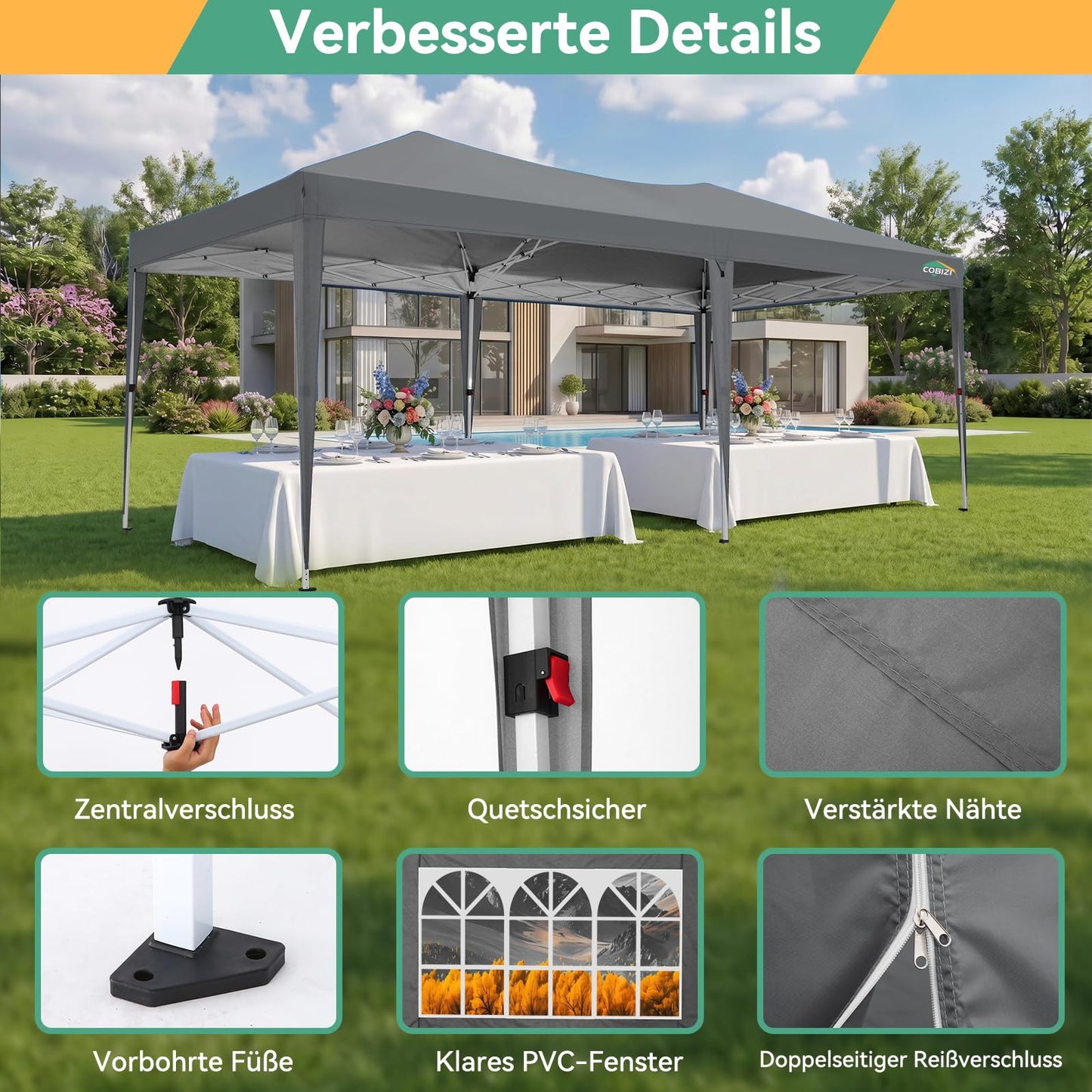 COBIZI 10x20 FT Pop up Canopy Tent with Sidewalls, Party Tents for Parties, Carpas para Fiestas, Easy Set Large Outdoor Popup Patio Gazebo for Backyard,Weddings,Vendor,Commercial Event,Gray (Upgrade)
