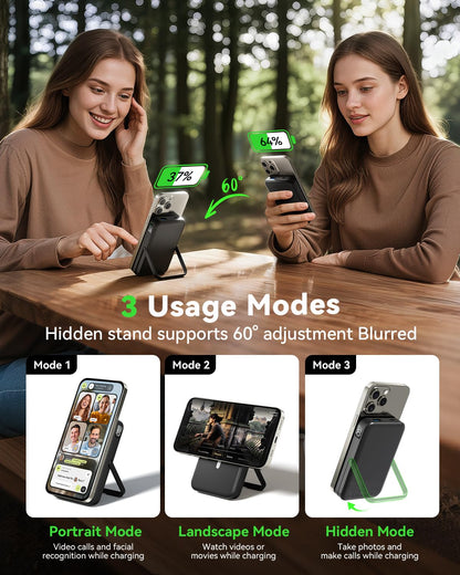 for Magsafe Battery Pack 10000mAh Power Bank with Foldable Stand Portable Charger,PD 22.5W Fast Charge,Travel Essential Wireless Charger for iPhone 17/16/15/14/13/12 Series–Black