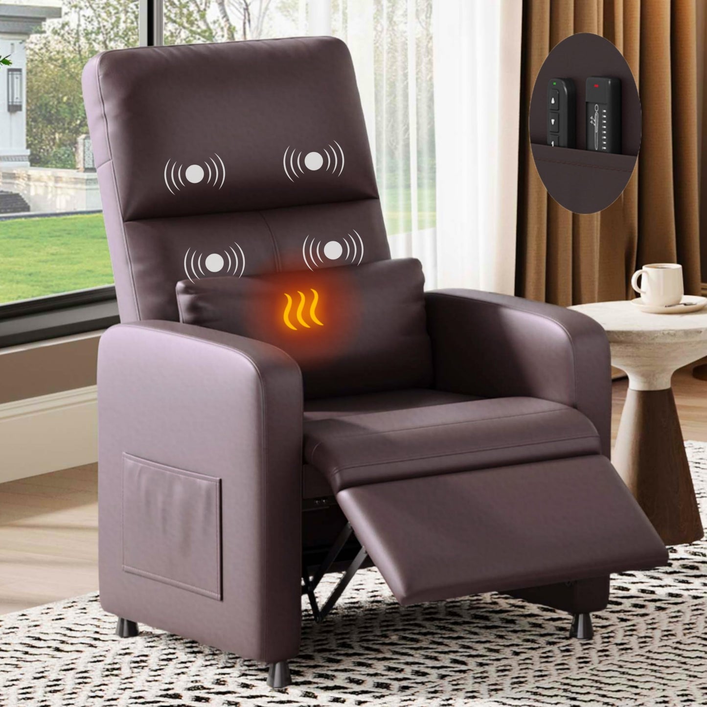 Power Recliner Chair with Heat & Massage, Adjustable Electric PU Leather Single Sofa, Ergonomic Tall-Back Padded Seat, Home Theater Seating Recliner for Living Room