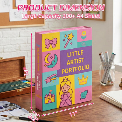 JJRING 9x12 Foldable Art Portfolio Storage Box with Elastic Bands, Student Artwork Keepsake & Professional Document Organizer Folder For Drawings and Classroom Use (Pink)