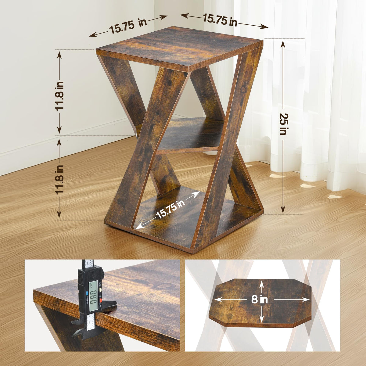 HOMELA End Table Modern Wooden Side Table, Nightstand for Small Spaces, End Table for Living Room, Bedroom Nightstand, Office, Bathroom (Rustic Brown+Classic Black)